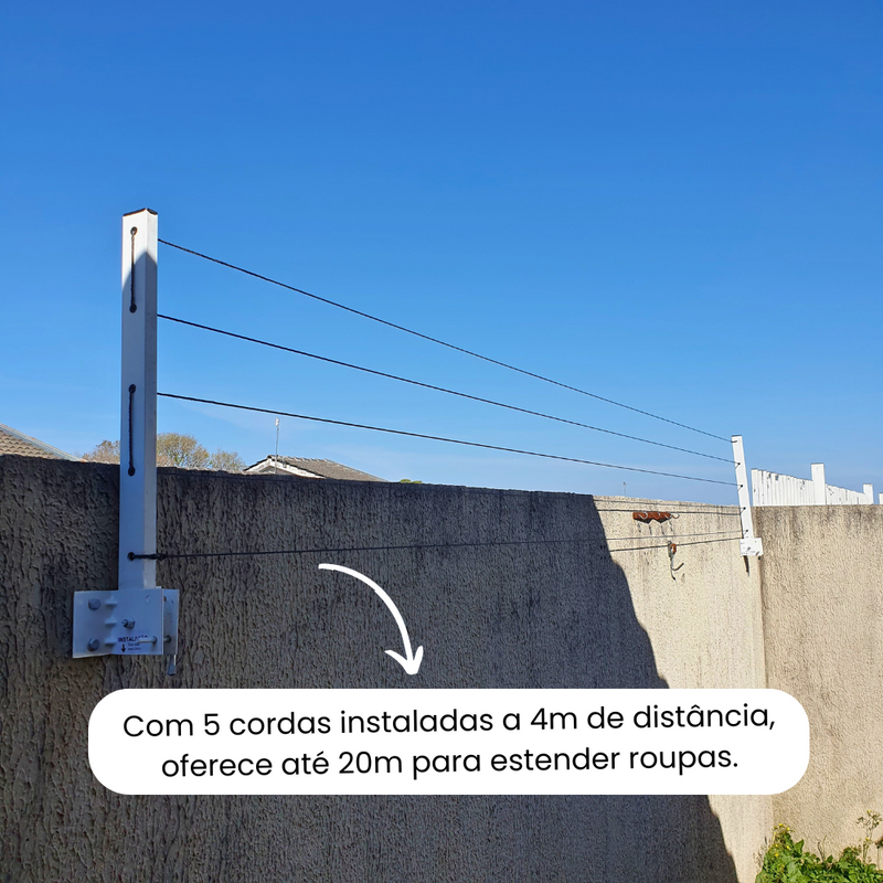 Varal Articulado de Parede Auro em Aço Reforçado - Preto ou Branco, 5 Cordas, Kit com 21m de Corda e Parafusos