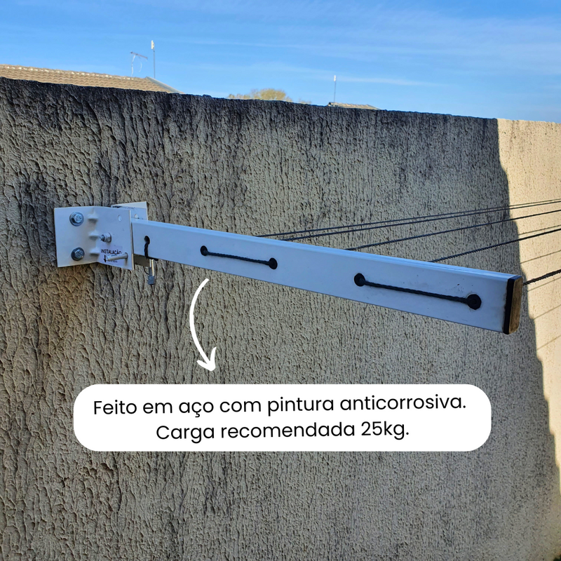 Varal Articulado de Parede Auro em Aço Reforçado - Preto ou Branco, 5 Cordas, Kit com 21m de Corda e Parafusos